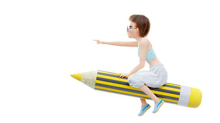 Little girl student is riding yellow pencil on white cloud. determined expression face and white background. 3d render.の写真素材