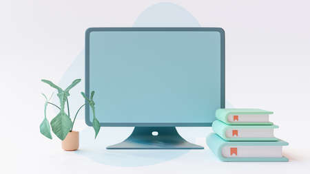 Computer Mock-Up on work desk, with notebook and plant on side. 3D Render.の写真素材