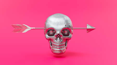 Metal skull was shot through the head by an arrow or dart. on pink background. 3D Render.の写真素材