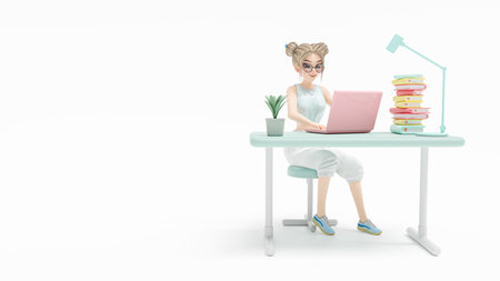 Happy young woman sitting on chair. enjoys studying learning and researching information from computer. pink laptop is placed on work desk. cartoon character, 3d renderingの写真素材