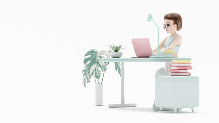 Happy young woman sitting on chair. enjoys studying learning and researching information from computer. pink laptop is placed on work desk. cartoon character, 3d renderingの写真素材
