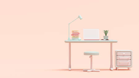 Pink laptop on green work desk with storage shelves placed on the side. Space for banner and logo background. Designed in pastel tones, 3D Render.の写真素材