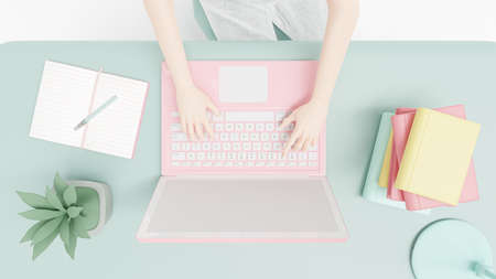 Hands pressing on pink laptop keyboard on green work desk with plant, notebook and lamp on the table, top view. Designed in pastel tones, 3D Render.の写真素材