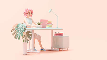 Happy young woman sitting on chair. enjoys studying learning and researching information from computer. pink laptop is placed on work desk. cartoon character, 3d renderingの写真素材