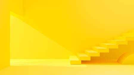 Yellow stair at the entrance. Bright light in front of the stair. Space for banner and logo background. Minimal idea concept, 3D Render.の写真素材