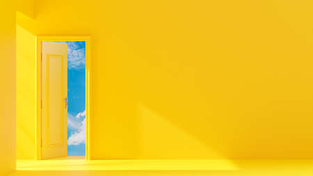Yellow door is open Outside was bright sky. Light from the side creates high contrast. Space for banner and logo background. 3D Render.の写真素材