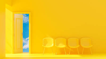 Yellow door is open Outside was bright sky and four chair. Light from the side creates high contrast. Space for banner and logo background. 3D Render.の写真素材