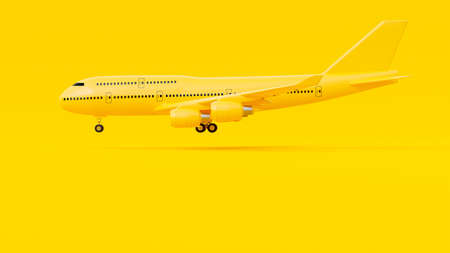 Yellow plane side unfolding its wheel on yellow background. minimal idea concept, 3D Render.の写真素材