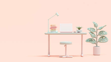 Pink laptop on green work desk with plant on the side. Designed in pastel tones, 3D Render.の写真素材