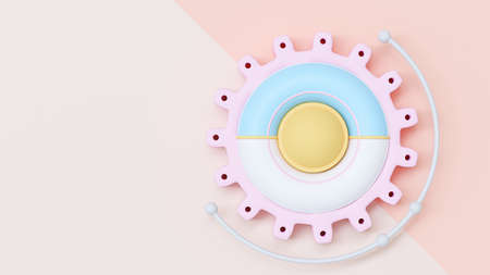 Pink gear are arranged on the sides of the image. Space for banner and logo background. Designed in pastel tone, 3D Render.の写真素材