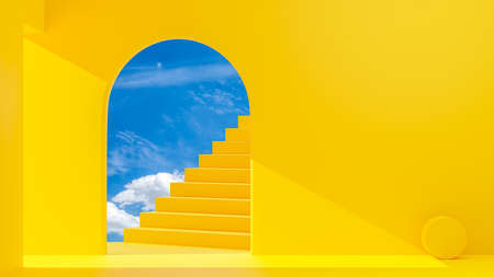 Door in yellow room Inside is staircase and bright sky. Light from the side creates high contrast. Space for banner and logo background. 3D Render.の写真素材