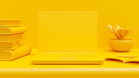 Yellow Laptop Mock-Up on work desk, with notebook and plant on side. Minimal idea concept, 3D Render.の写真素材