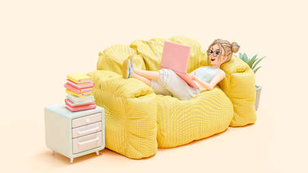 Happy young woman lie down on yellow sofa. enjoys studying learning and researching information from computer. pink laptop is placed on lap. cartoon character, 3d renderingの写真素材