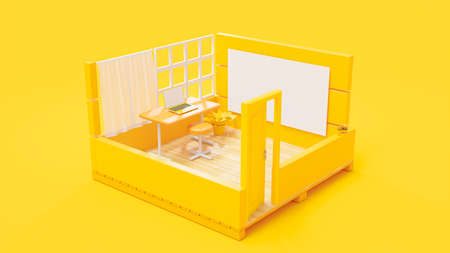 Desk in yellow room and laptop on the table. Minimal idea concept, 3D Render.の写真素材