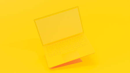 Yellow laptop floating and tilting on yellow background. Computer Mock-Up. Minimal idea concept, 3D Render.の写真素材