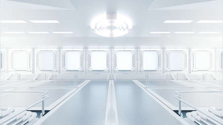 Corridor in space station or in laboratory decorated with grey color. futuristic and technology background, 3D Render.の写真素材
