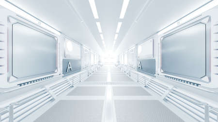 Corridor in space station or in laboratory and bright light from front. futuristic and technology background, 3D Render.の写真素材