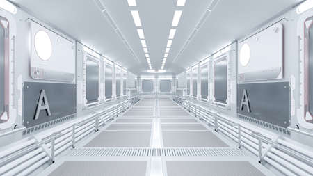 Corridor in space station or in laboratory decorated with grey color. futuristic and technology background, 3D Render.の写真素材
