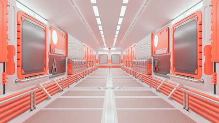 Corridor in space station or in laboratory decorated with orange color. futuristic and technology background, 3D Render.の写真素材