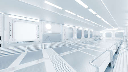 Corridor in space station or in laboratory decorated with grey color. futuristic and technology background, 3D Render.の写真素材