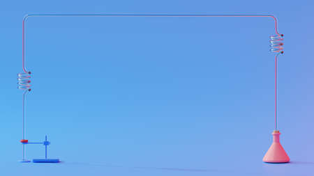 Test tube and lamp on blue background. Space for banner and logo. Science experiment concept, 3D renderの写真素材
