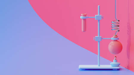 Test tube and lamp on Violet and Magenta background. Space for banner and logo. Science experiment concept, 3D renderの写真素材