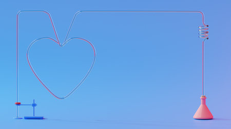 Test tube and lamp and heart shape glass tube on blue background. Heart shape for banner and logo. Science experiment concept, 3D renderの写真素材