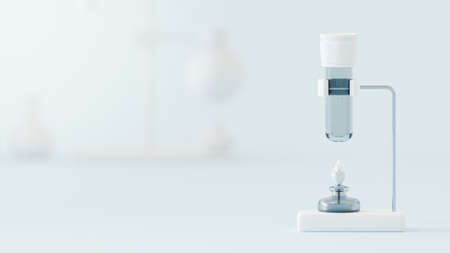 White test tube and lamp on blue-green background in lab. Space for banner and logo. Minimal and pastel tones concept, 3D renderの写真素材