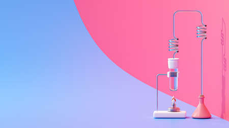 Test tube and lamp on Violet and Magenta background. Space for banner and logo. Science experiment concept, 3D renderの写真素材