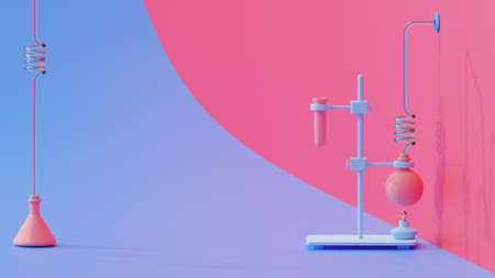 Test tube and lamp on Violet and Magenta background. Space for banner and logo. Science experiment concept, 3D renderの写真素材