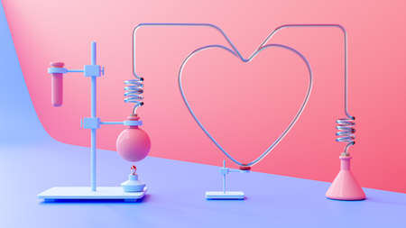 Test tube and lamp and heart shape glass tube on Violet and Magenta background. Heart shape for banner and logo. Science experiment concept, 3D renderの写真素材