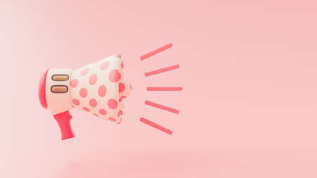 Pink polka dot megaphone is ringing. light coming from back of megaphone. Space on side for banner or logo. 3D render.の写真素材