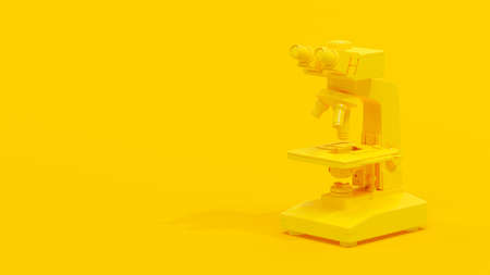 Yellow microscope on yellow background. Space for banner and logo. Minimal idea concept, 3D Render.の写真素材