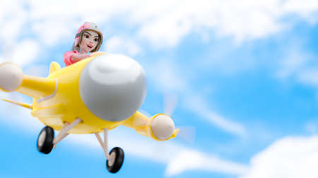 Beautiful girl in pink pilot costume. She was enjoying drive flying yellow plane on the bright sky. Space for banner and logo. Cartoon character, 3d renderingの写真素材