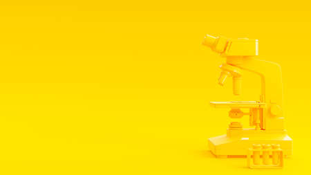 Yellow test tube and microscope on  Yellow background. Space for banner and logo. Science experiment concept, 3D renderの写真素材