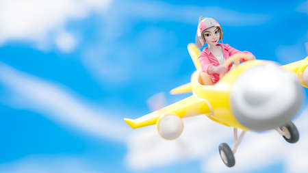 Beautiful girl in pink pilot costume. She was enjoying drive flying yellow plane on the bright sky. Space for banner and logo. Cartoon character, 3d renderingの写真素材