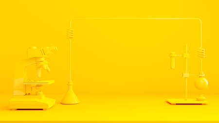 Yellow test tube and microscope on  Yellow background. Space for banner and logo. Science experiment concept, 3D renderの写真素材