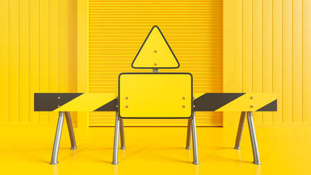 wooden barrier with empty square sign and empty triangular sign placed in front yellow sliding door. 3D Render.の写真素材