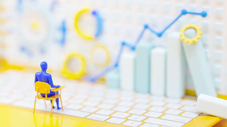 blue human sit on lecture table. Studying graph and stock market on yellow laptop. cartoon character, 3d renderingの写真素材