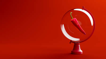 Red pepper  in clear glass on a rotating platform. on red background, minimal idea concept. 3D Render.の写真素材
