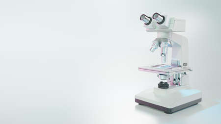 Microscope chemistry. pharmaceutical instrument. microbiology magnifying tool and symbol of chemical science exploration. Space for banner and logo. Science and Technology background, 3D Render.の写真素材