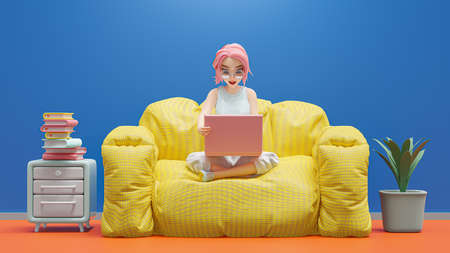 Happy young woman sitting on yellow sofa. Excited studying learning and researching information from computer. pink laptop is placed on lap. cartoon character, 3d renderingの写真素材