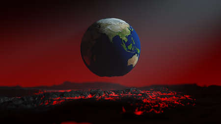 Globe floating on red lava. Smoke and light from the side. Selective focus on the surface of the globe. Global warming idea concept, 3D Render.の写真素材