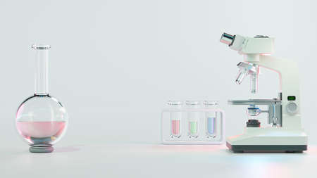 Test tube and Microscope. microbiology magnifying tool and symbol of chemical science exploration. Space for banner and logo. Science experiment and laboratory concept, 3D render.の写真素材