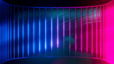 Futuristic sci-fi empty stage. reflective with Magenta and Blue fluorescent neon tube and multicolored smoke. Technological elements innovation background, 3D Render.の写真素材