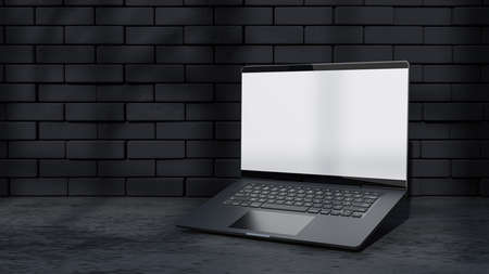 Laptop Mock-Up Empty screen front black brick wall. shadow of tree and window. Decorate minimalist style, 3D Render.の写真素材