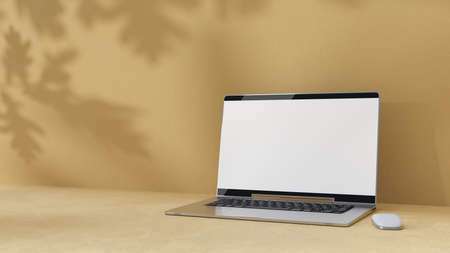 Empty display laptop with decoration minimal. Shadow from tree on cement floor. Mock-up computer and minimalism concept, 3D Render.の写真素材