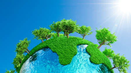 Globe full of grass and trees with light of the sun shining from the side and high contrast. 3D Render.の写真素材