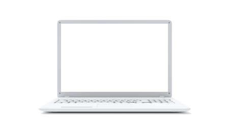 White laptop empty display front view. Isolated Mock-up computer, 3D Render.の写真素材