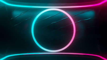 Futuristic sci-fi empty stage. reflective with Magenta and Green-Blue fluorescent neon tube. Technological elements innovation background, 3D Render.の写真素材